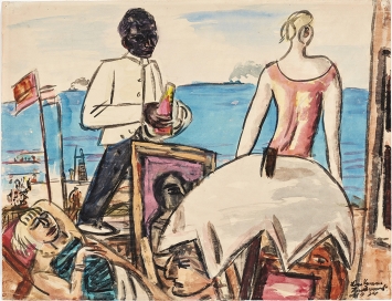 Max Beckmann · Zandvoordt Strandcafé, 1934, Aquarell mit Gouache über Spuren einer Vor­-zeichnung mit Kohle auf Papier, 49,9 x 65 cm, Kunstmuseum Bern, Legat Cornelius Gurlitt 2014