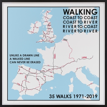 Hamish Fulton · 35 Walks Map. Europe. 1971–2019, 2019, Druck, 68,2 x 67,7 cm, Courtesy Galerie ­Thomas Schulte, Berlin
