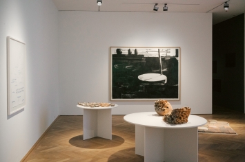 ‹Das imaginäre Haus›, Ausstellungsansicht Gewerbemuseum Winterthur, mit Werken von Aiko ­Watanabe (Objekte) und Uwe Wittwer (Kohlezeichnung). Foto: Milad Ahmadvand